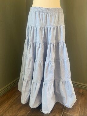 Vintage James Halbert Soft Sky Blue Tiered Maxi Skirt with Elastic Waist